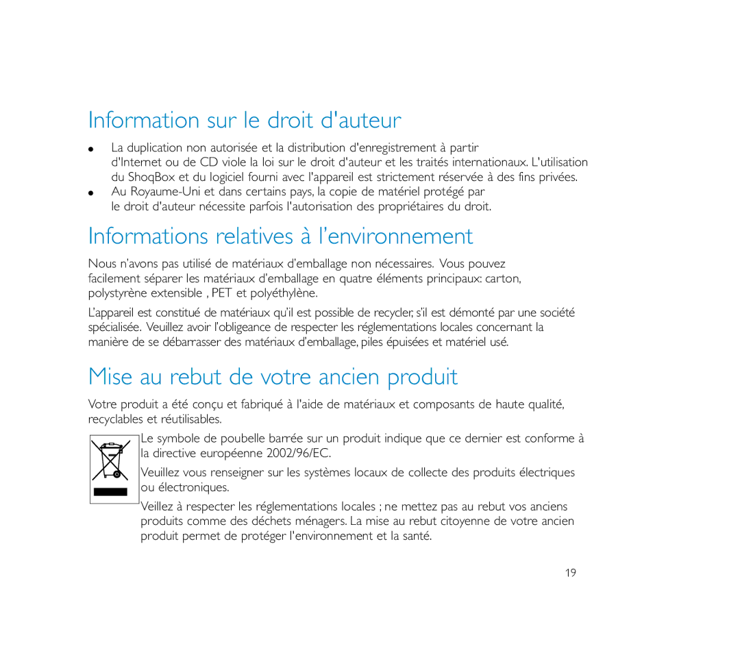 Philips PSS100 user manual Information sur le droit dauteur, Informations relatives à l’environnement 