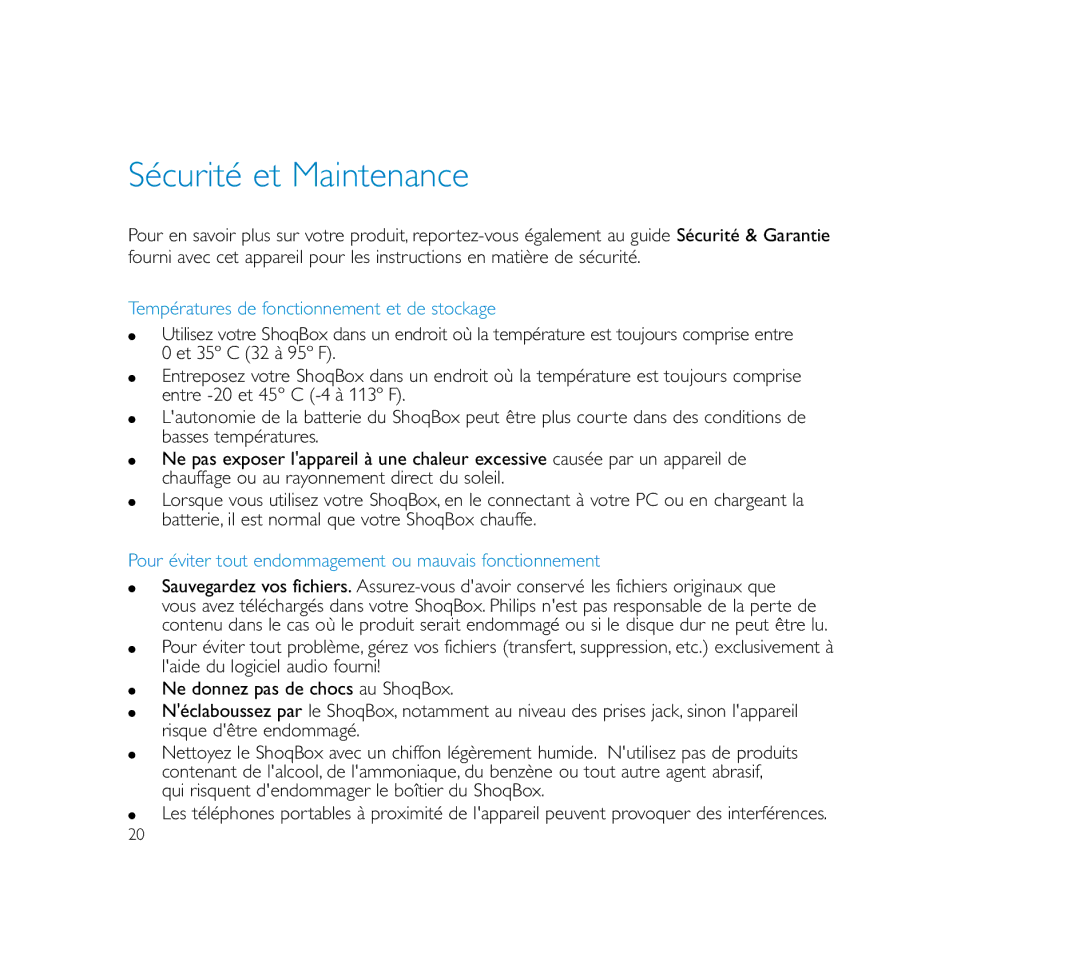 Philips PSS100 user manual Sécurité et Maintenance, Températures de fonctionnement et de stockage 