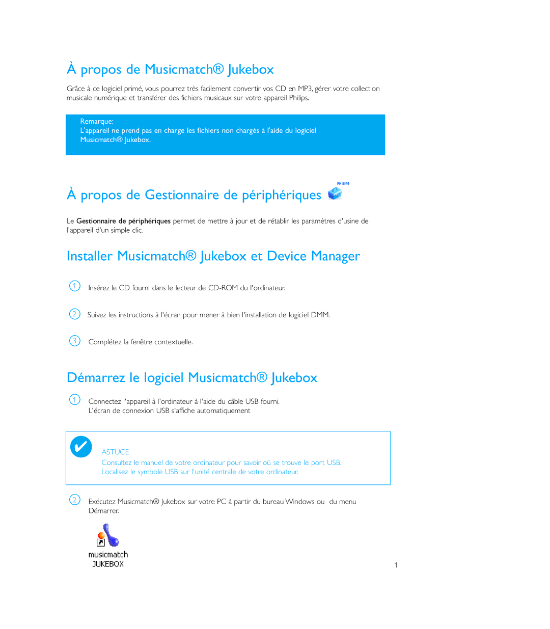 Philips PSS100 user manual Propos de Musicmatch Jukebox, Propos de Gestionnaire de périphériques 