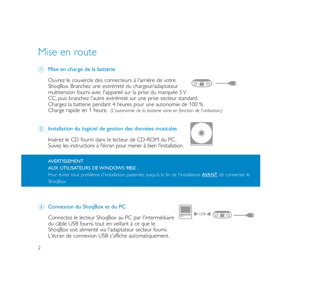 Philips PSS100 Mise en route, Mise en charge de la batterie, Installation du logiciel de gestion des données musicales 