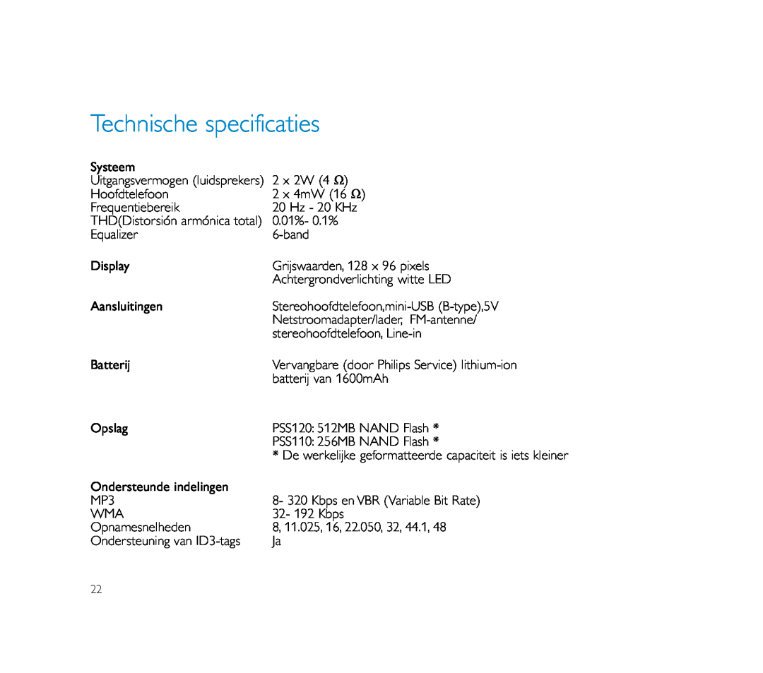 Philips PSS100 user manual Technische specificaties 