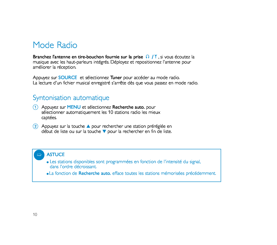 Philips PSS100 user manual Mode Radio, Syntonisation automatique 