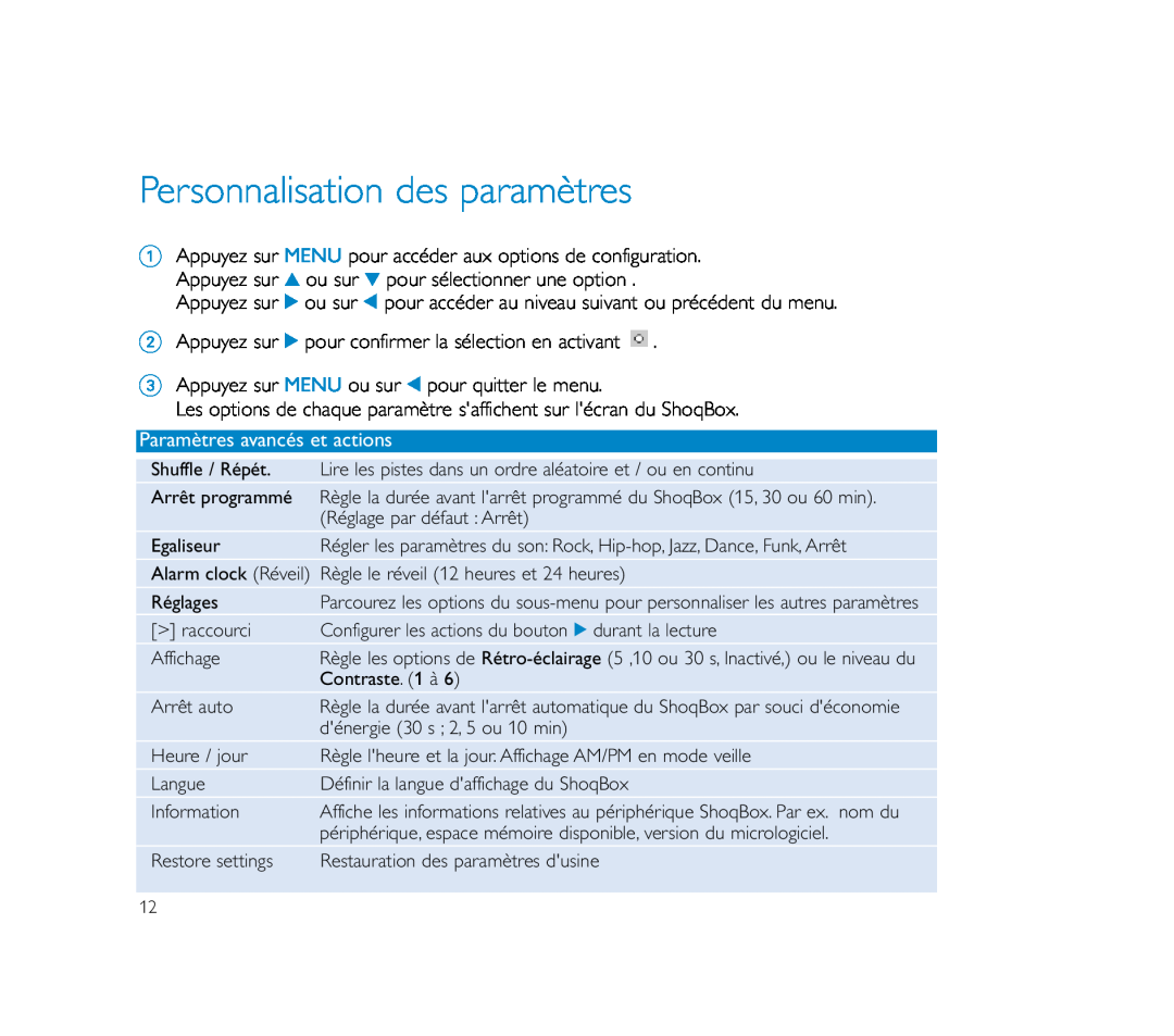 Philips PSS100 user manual Personnalisation des paramètres, Paramètres avancés et actions 