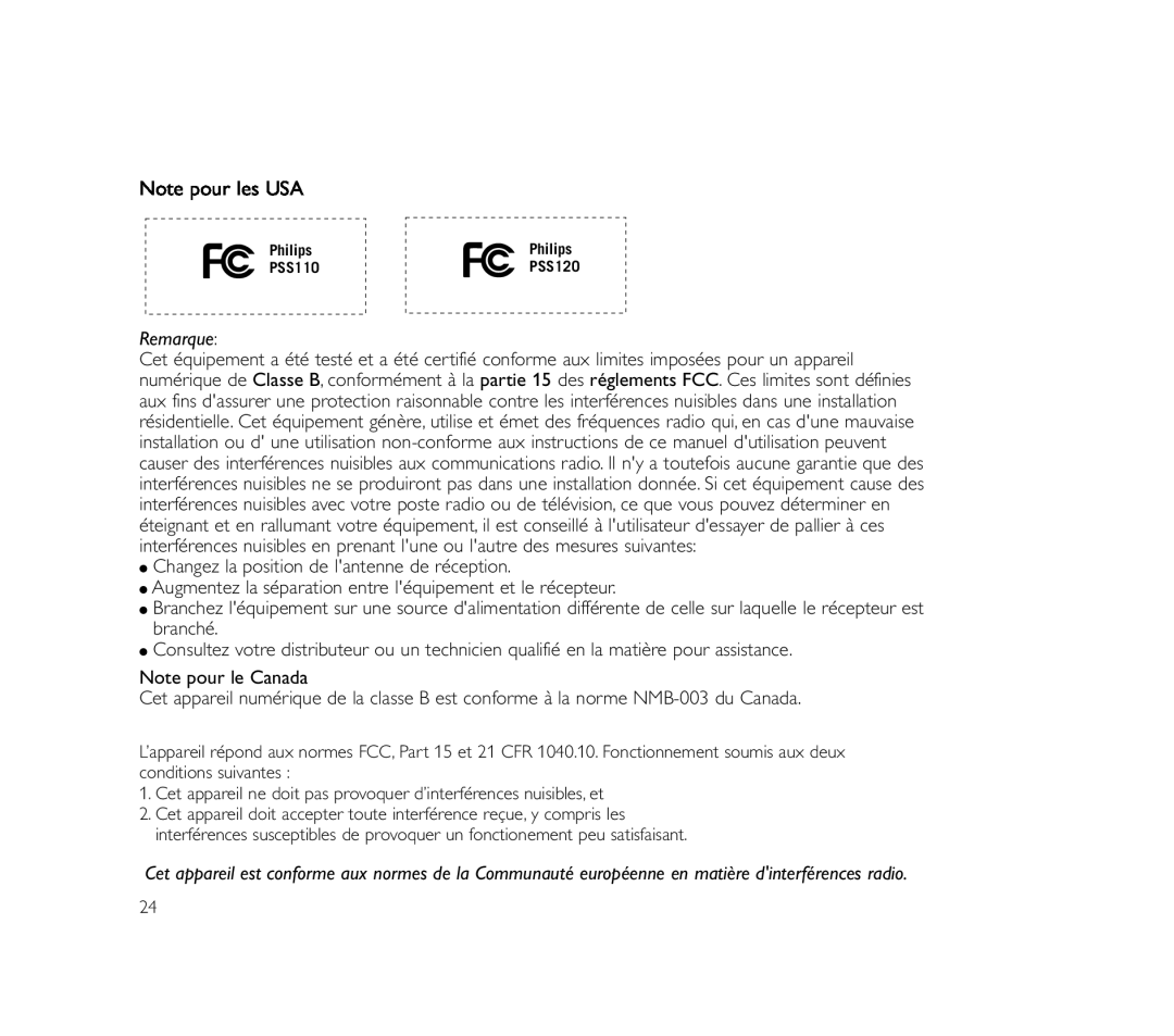 Philips PSS100 user manual Note pour les USA, Remarque 