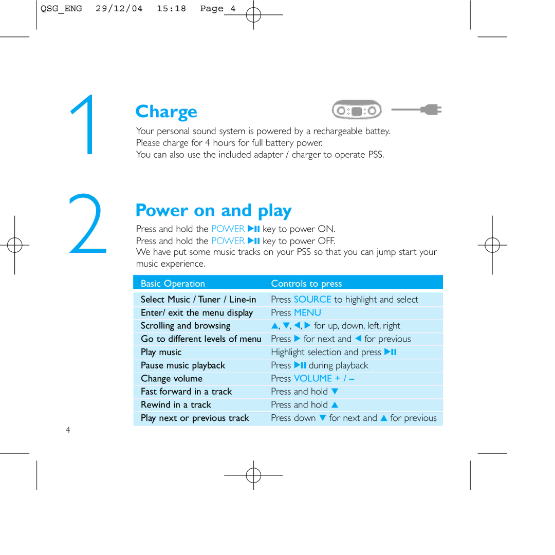 Philips PSS110/07 user manual Charge, Power on and play, Press Volume + 