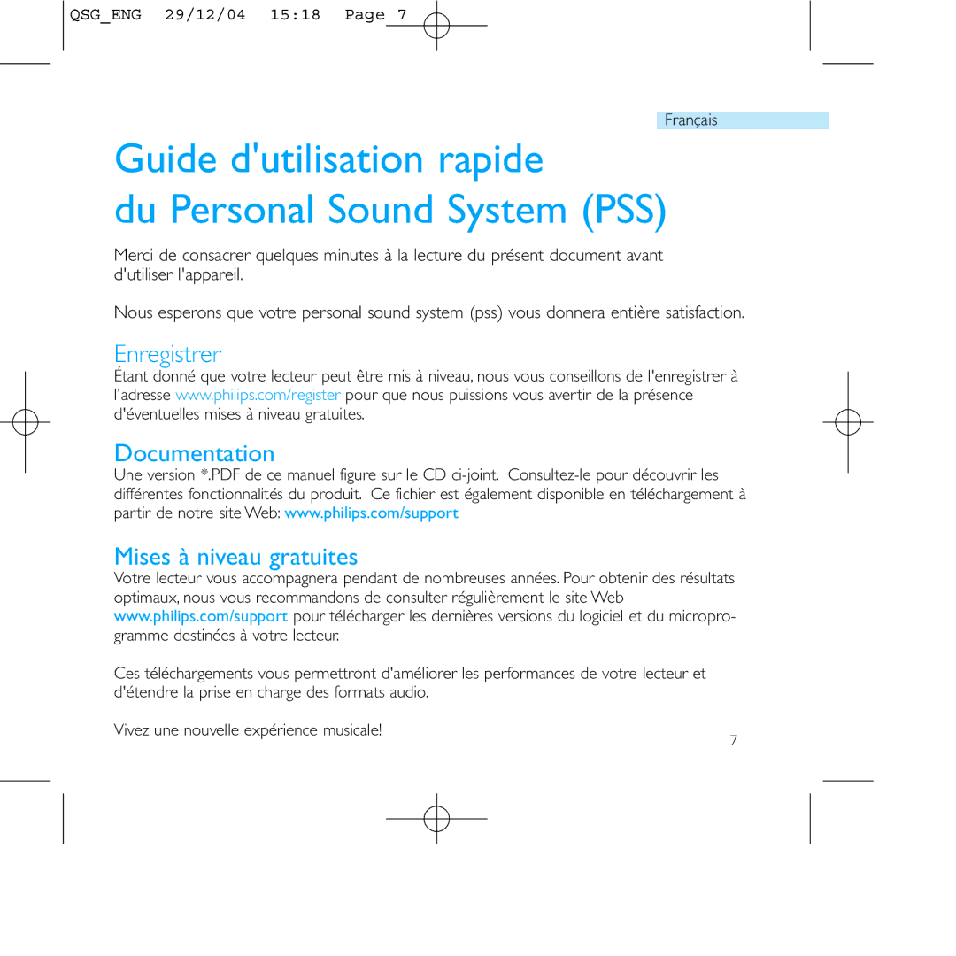 Philips PSS110/07 user manual Guide dutilisation rapide Du Personal Sound System PSS 