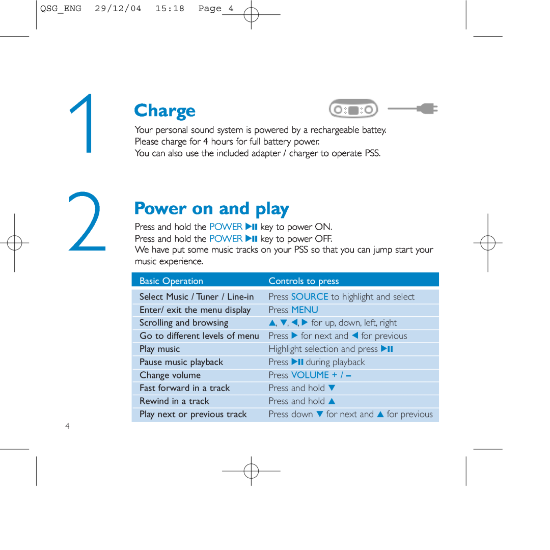 Philips PSS110/07 user manual Charge, Power on and play, Basic Operation, Controls to press, Press VOLUME + 