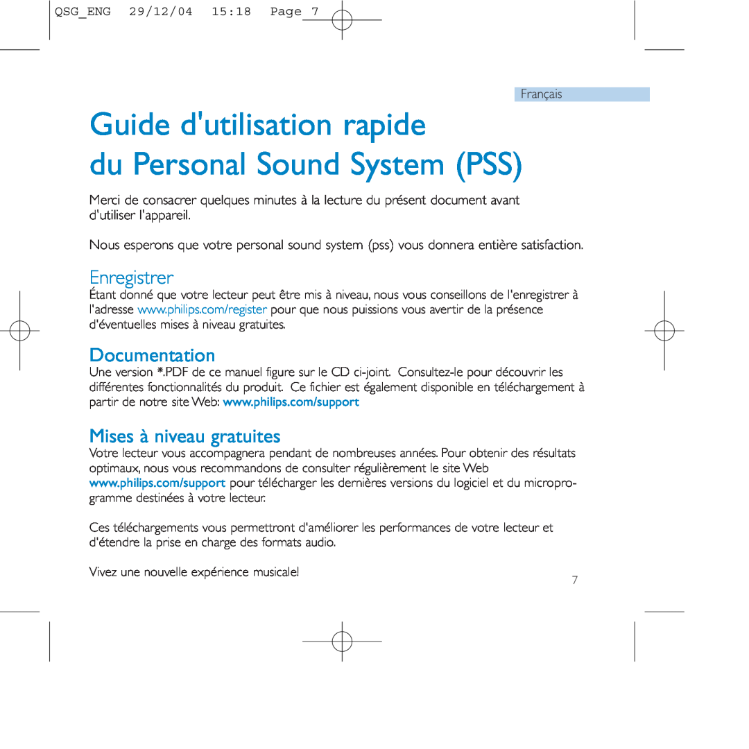 Philips PSS110/07 user manual Enregistrer, Documentation, Mises à niveau gratuites 