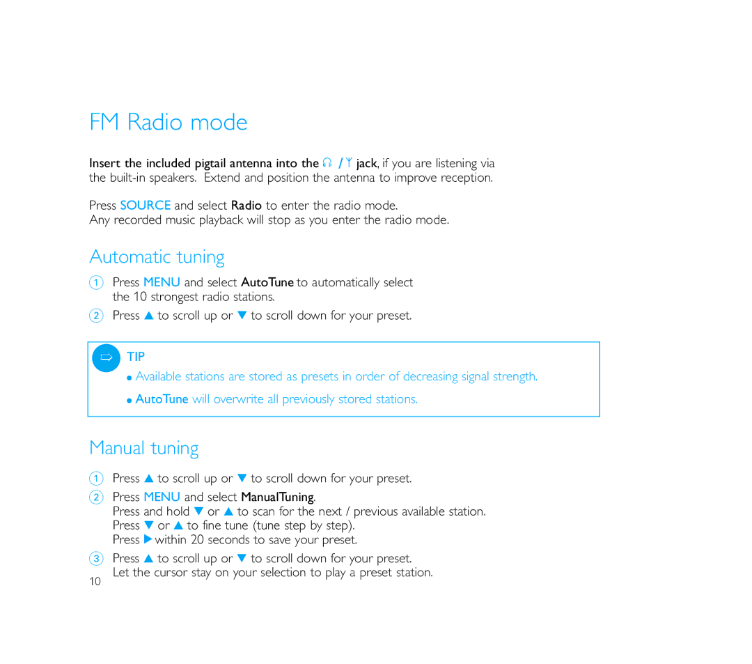 Philips PSS110/17B user manual FM Radio mode, Automatic tuning, Manual tuning 