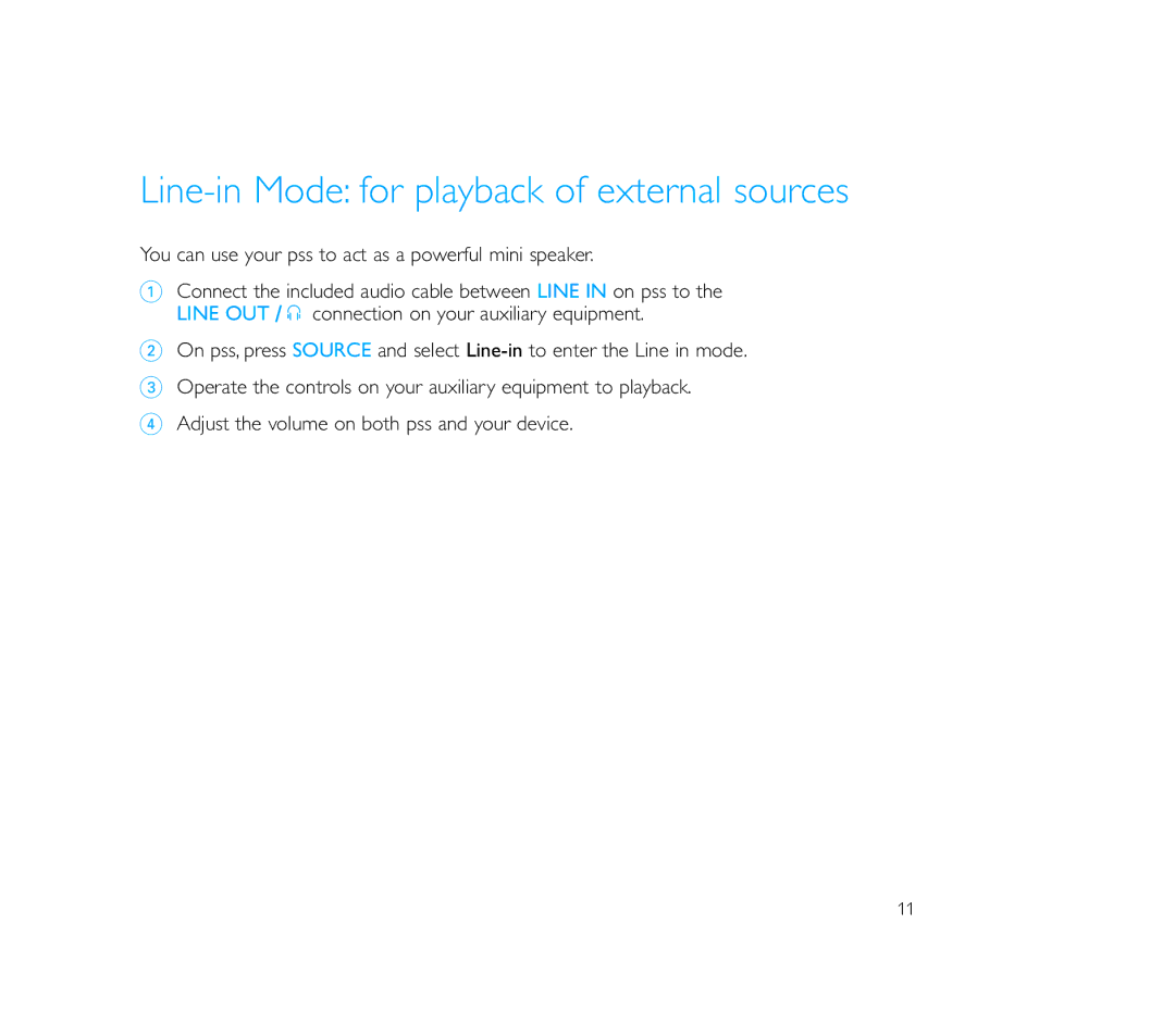 Philips PSS110/17B user manual Line-in Mode for playback of external sources 