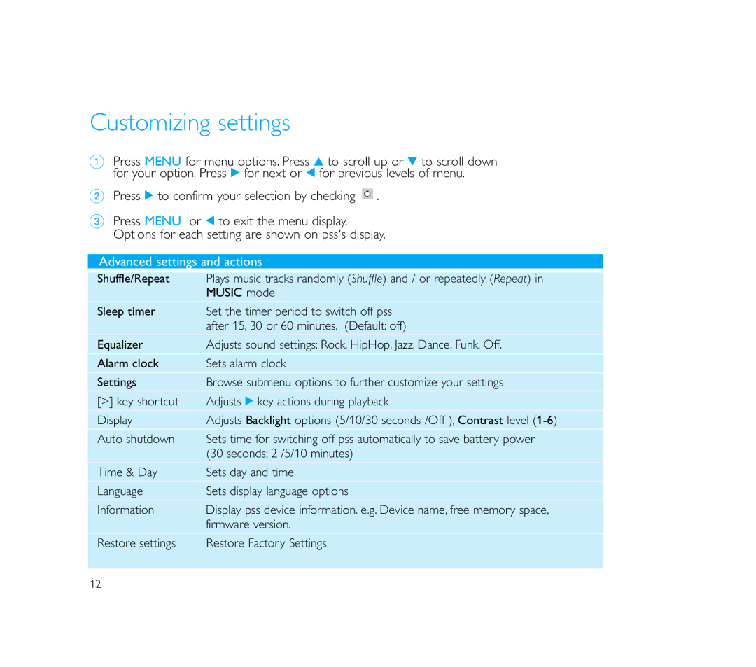 Philips PSS110/17B user manual Customizing settings, Press 2 to confirm your selection by checking 