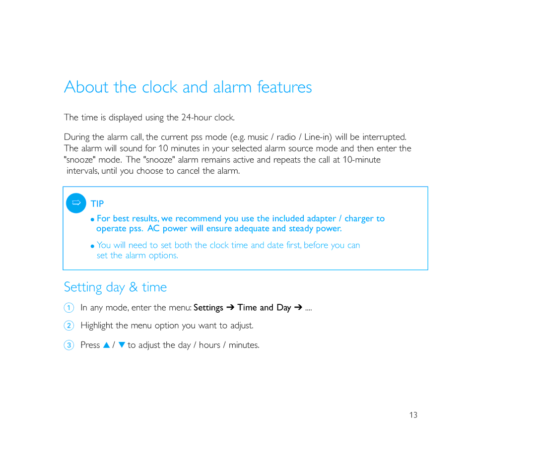 Philips PSS110/17B user manual About the clock and alarm features, Setting day & time 