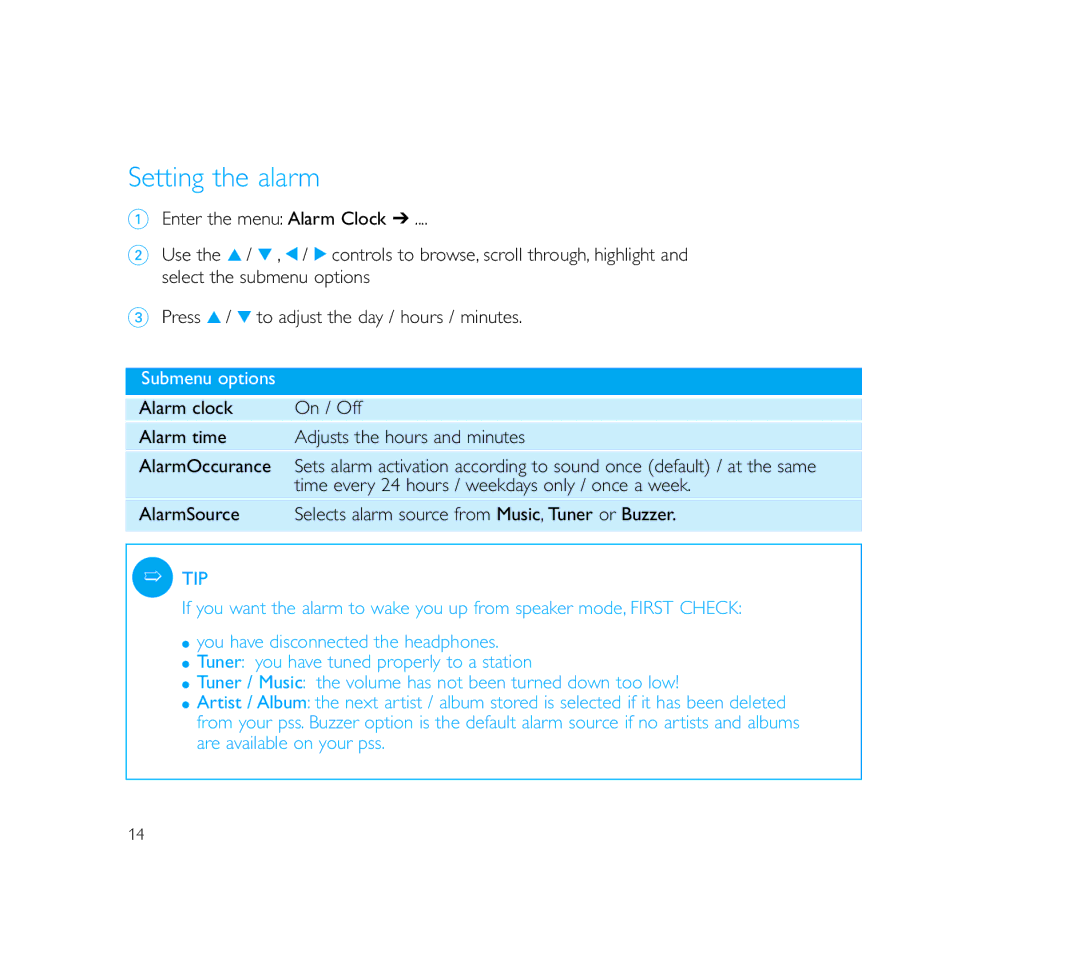 Philips PSS110/17B user manual Setting the alarm, Alarm time Adjusts the hours and minutes 