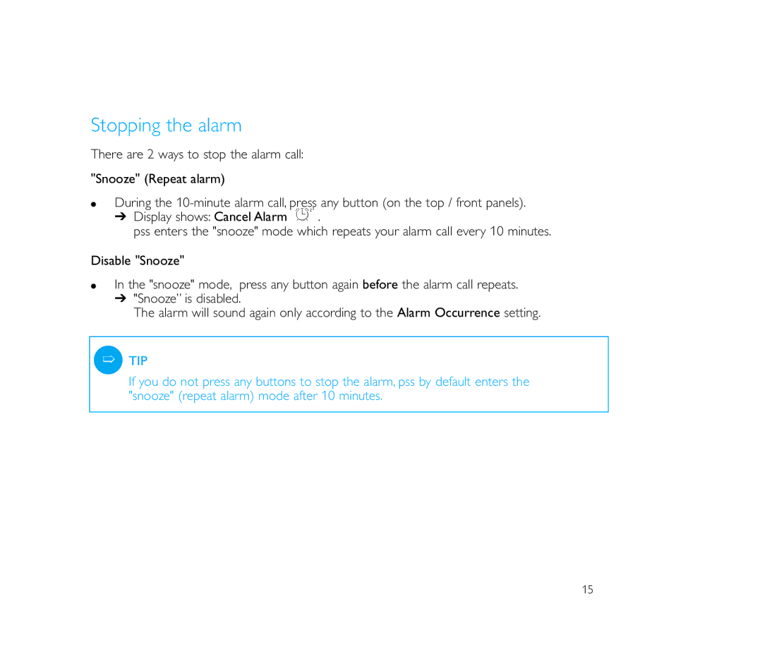 Philips PSS110/17B user manual Stopping the alarm 