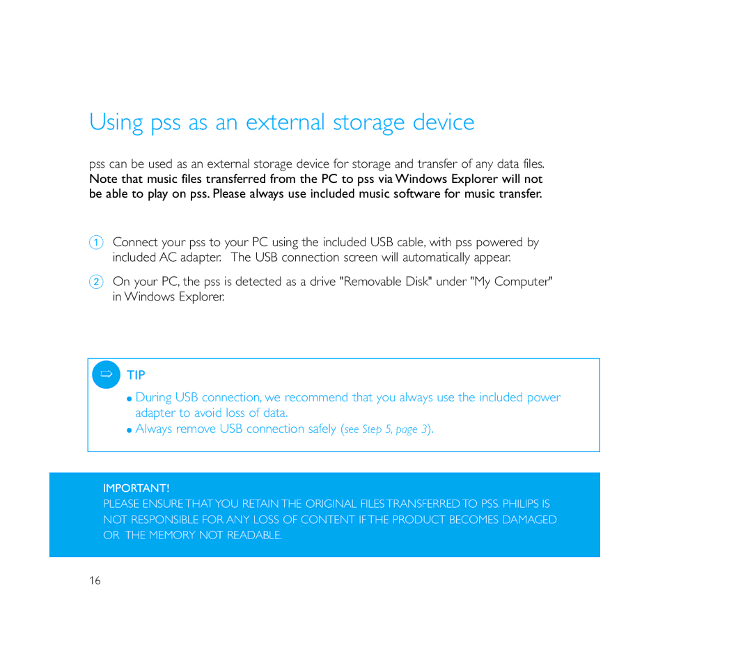 Philips PSS110/17B user manual Using pss as an external storage device 