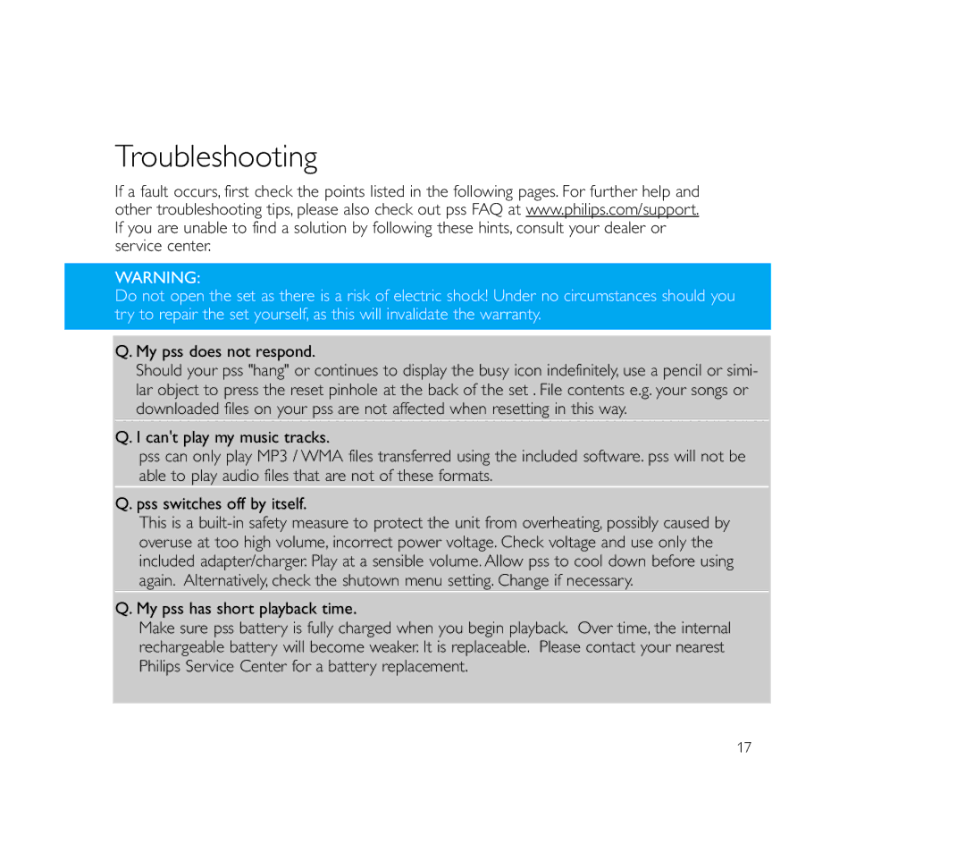 Philips PSS110/17B user manual Troubleshooting, My pss does not respond 