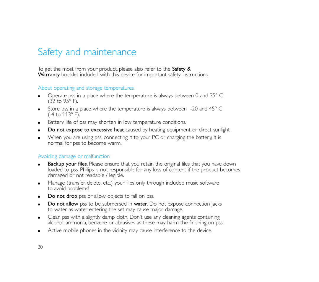 Philips PSS110/17B Safety and maintenance, About operating and storage temperatures, Avoiding damage or malfunction 