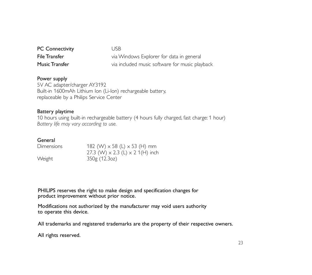 Philips PSS110/17B user manual PC Connectivity, File Transfer, Music Transfer 