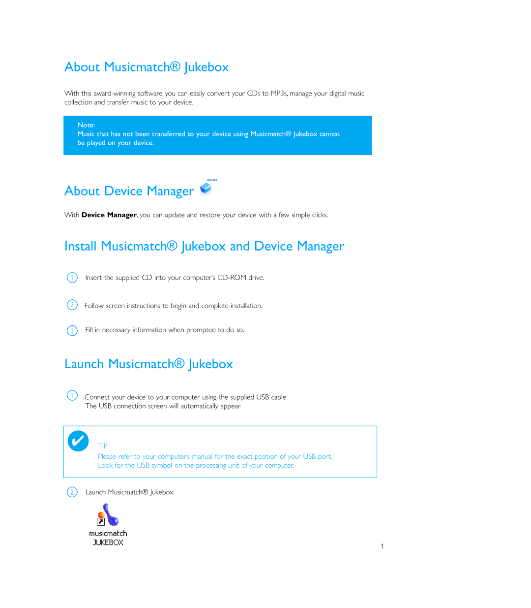 Philips PSS110/17B About Musicmatch Jukebox, About Device Manager, Install Musicmatch Jukebox and Device Manager 