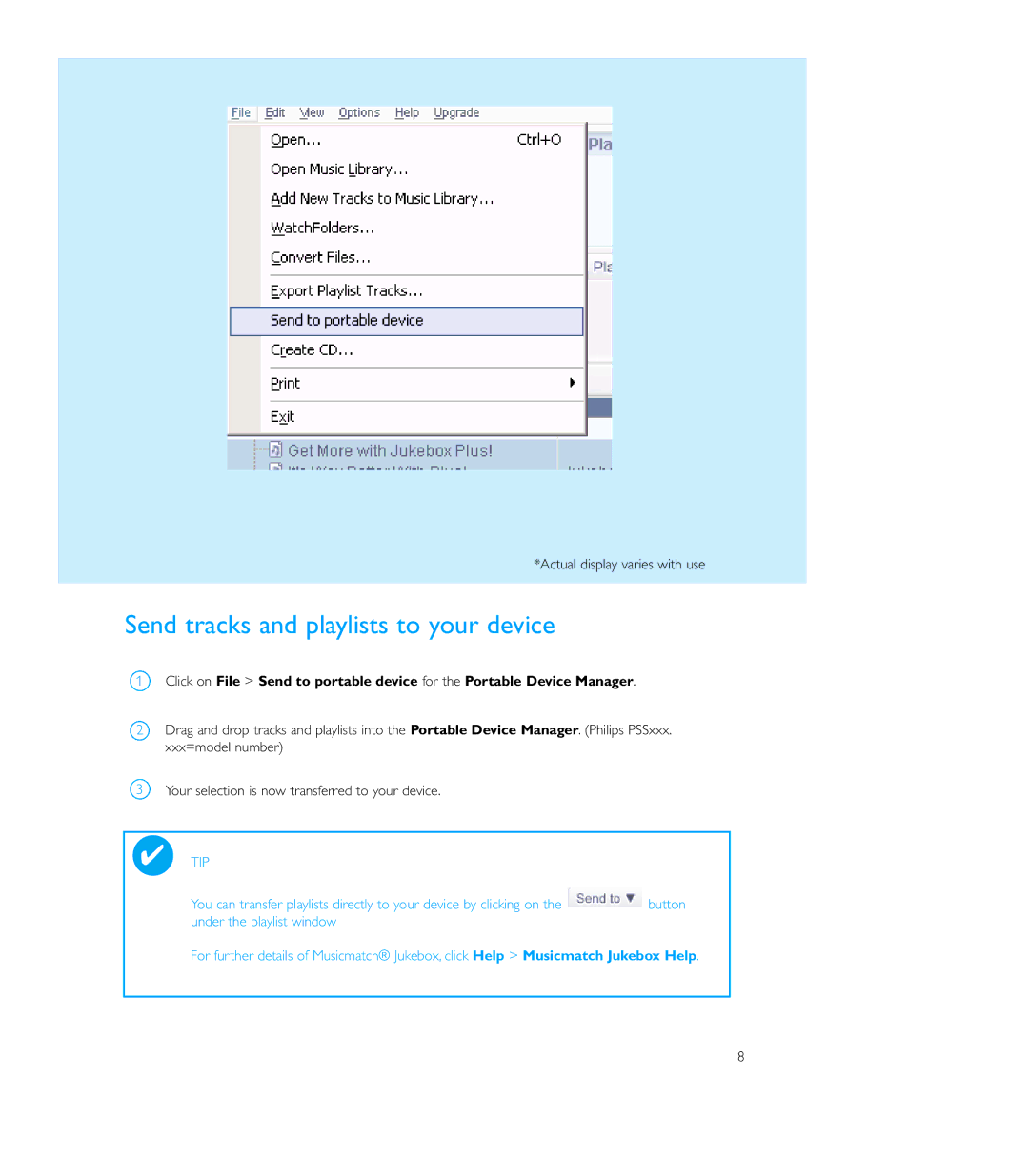 Philips PSS110/17B user manual Send tracks and playlists to your device 