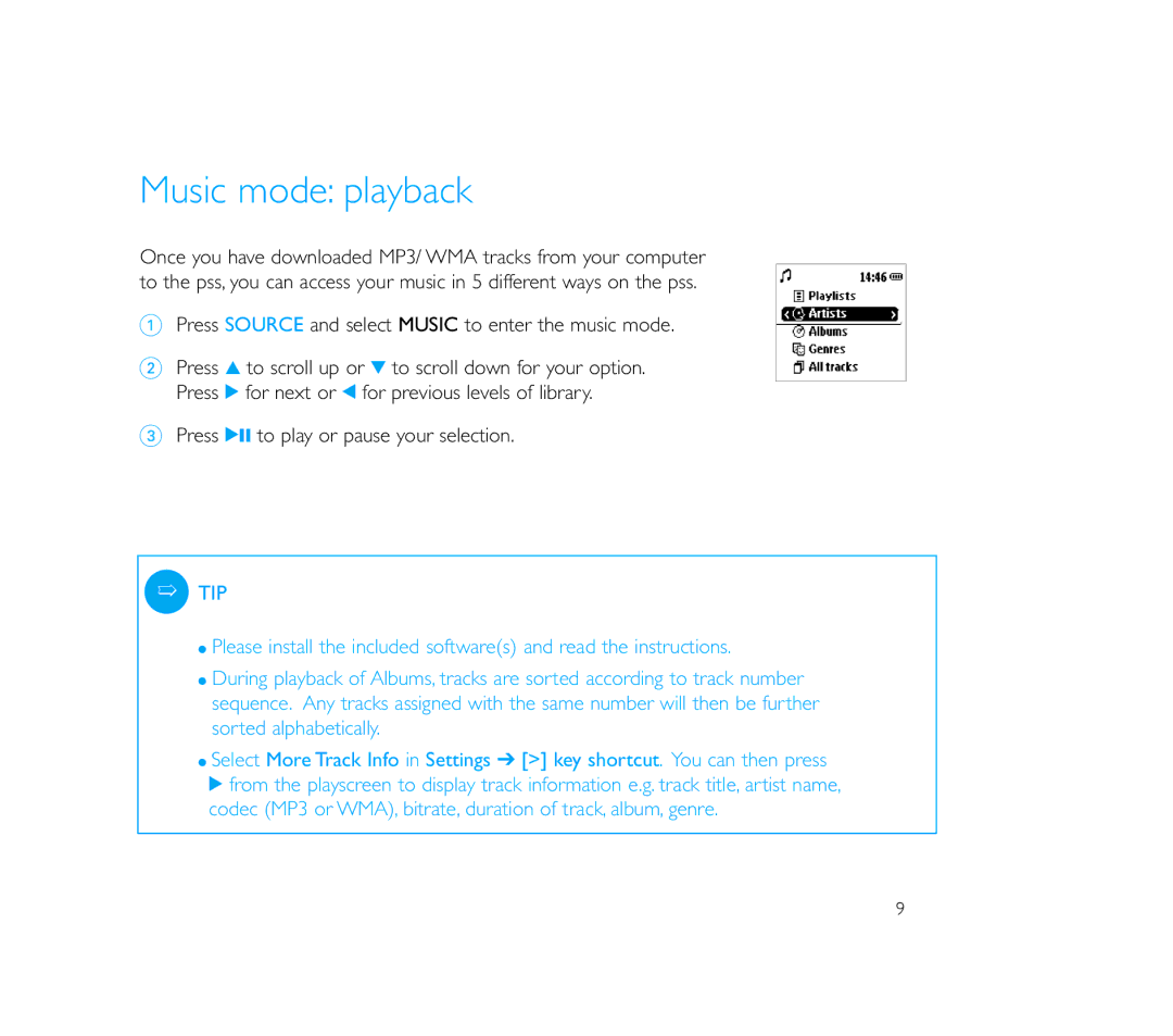 Philips PSS110/17B user manual Music mode playback, Press Source and select Music to enter the music mode 