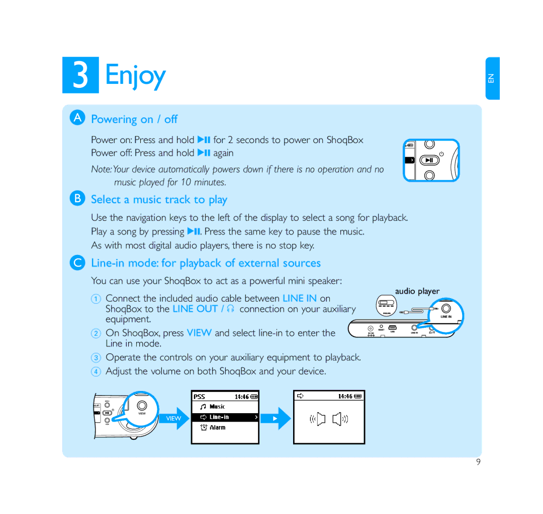 Philips PSS231 Enjoy, Powering on / off, Select a music track to play, Line-in mode for playback of external sources 