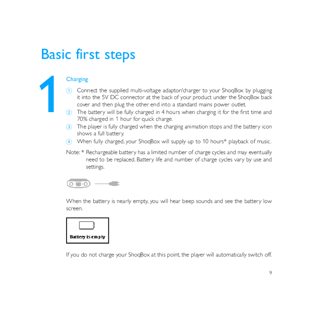 Philips PSS231 user manual Basic first steps, 1Charging 