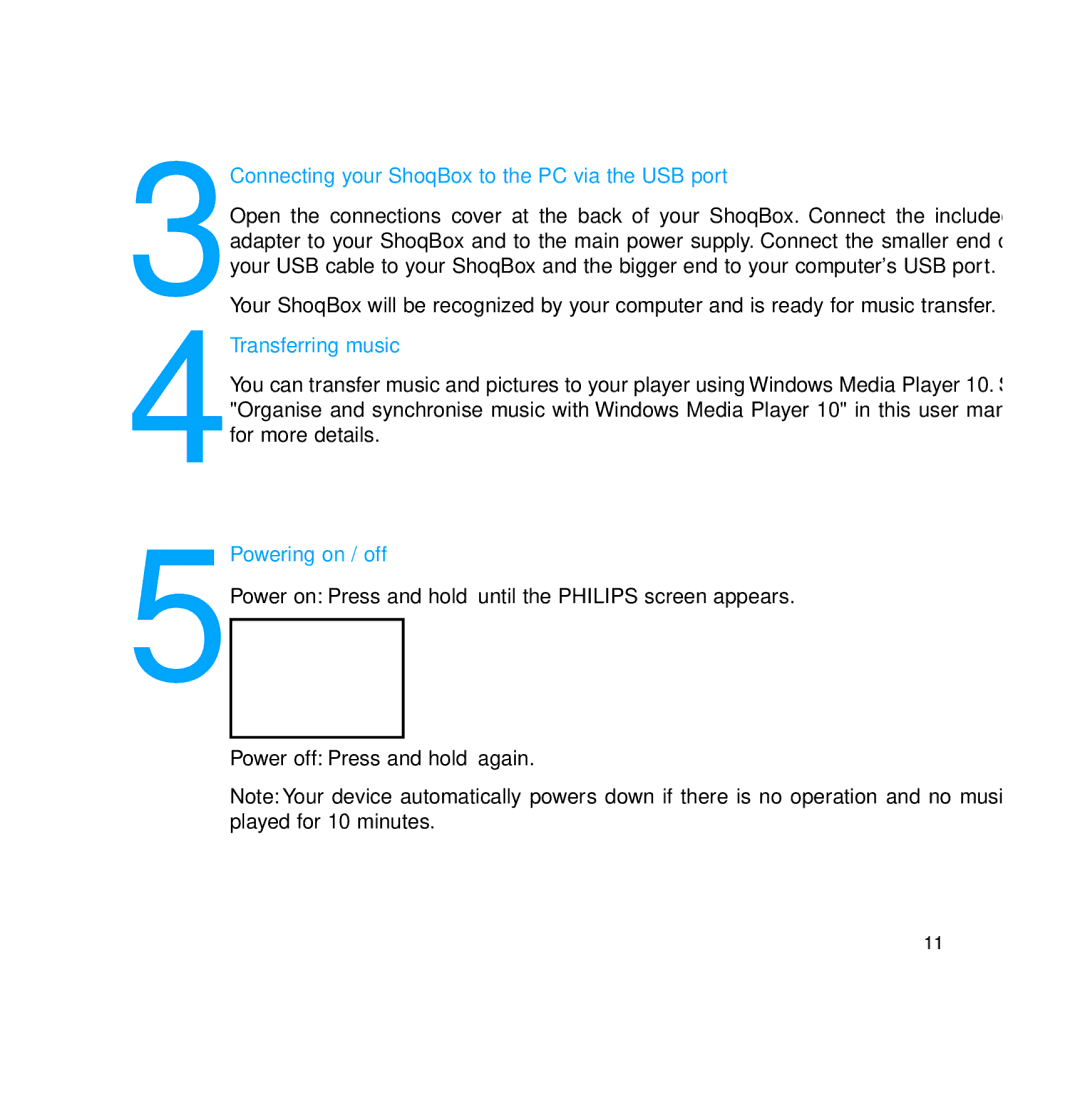 Philips PSS231 user manual Connecting your ShoqBox to the PC via the USB port, Transferring music Powering on / off 