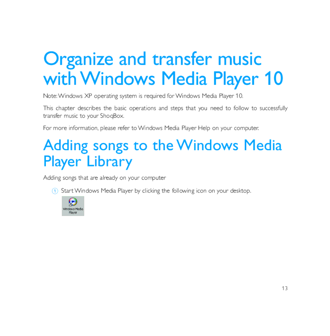 Philips PSS231 Organize and transfer music with Windows Media Player, Adding songs to the Windows Media Player Library 