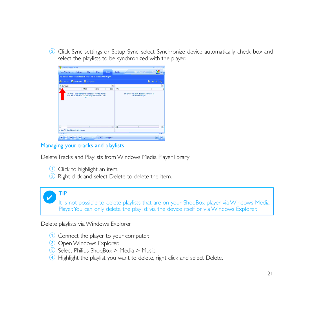 Philips PSS231 user manual Managing your tracks and playlists 