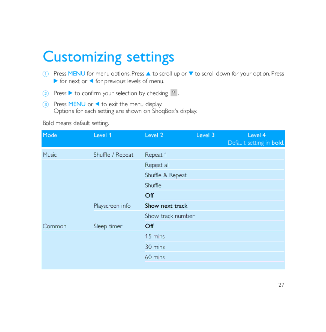 Philips PSS231 user manual Customizing settings, Mode Level 