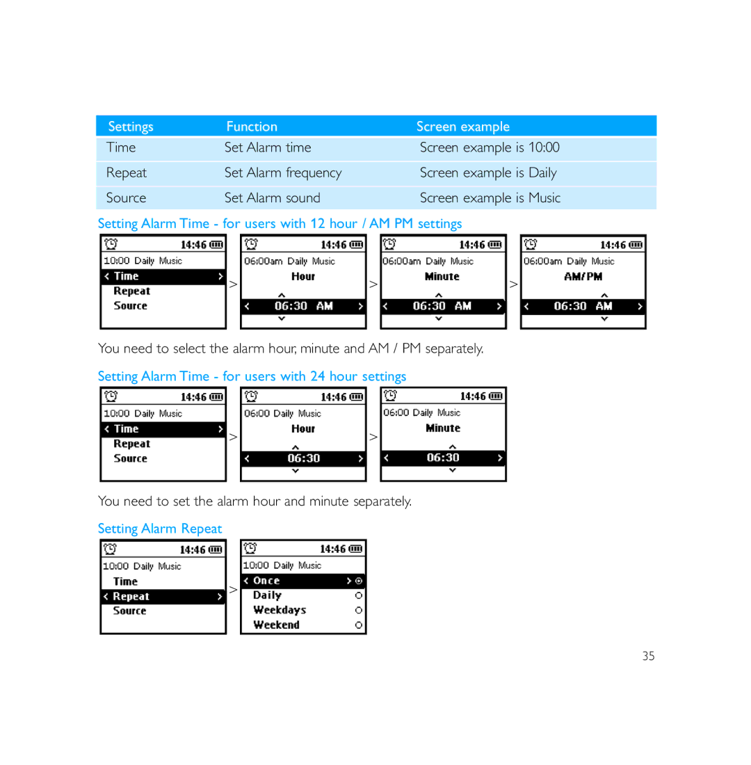 Philips PSS231 user manual Setting Alarm Time for users with 12 hour / AM PM settings 