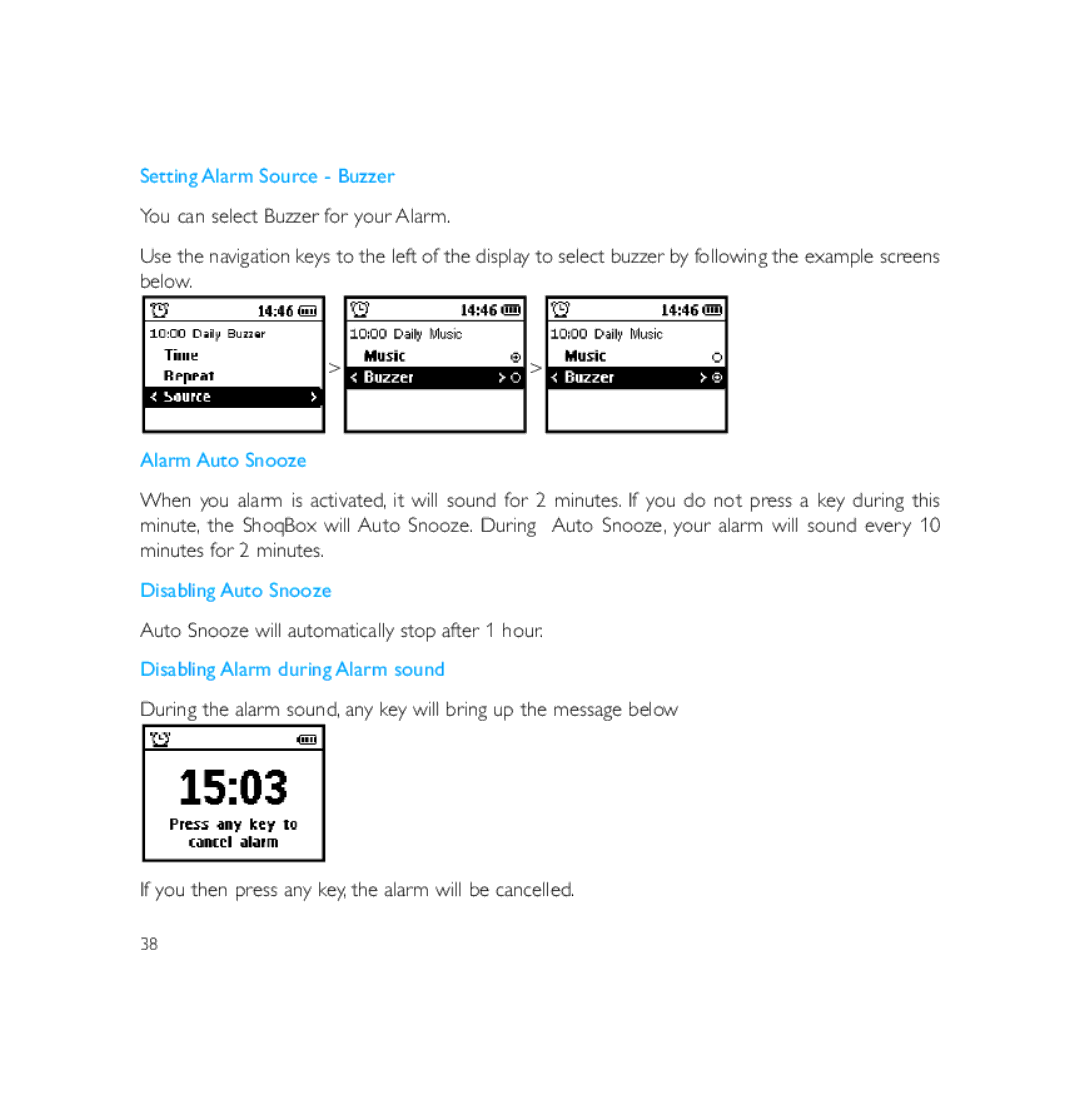 Philips PSS231 Setting Alarm Source Buzzer, Alarm Auto Snooze, Disabling Auto Snooze, Disabling Alarm during Alarm sound 