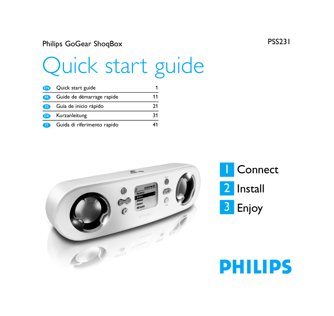 Philips PSS231 quick start Quick start guide, 1Connect 2Install 3Enjoy, Philips GoGear ShoqBox 