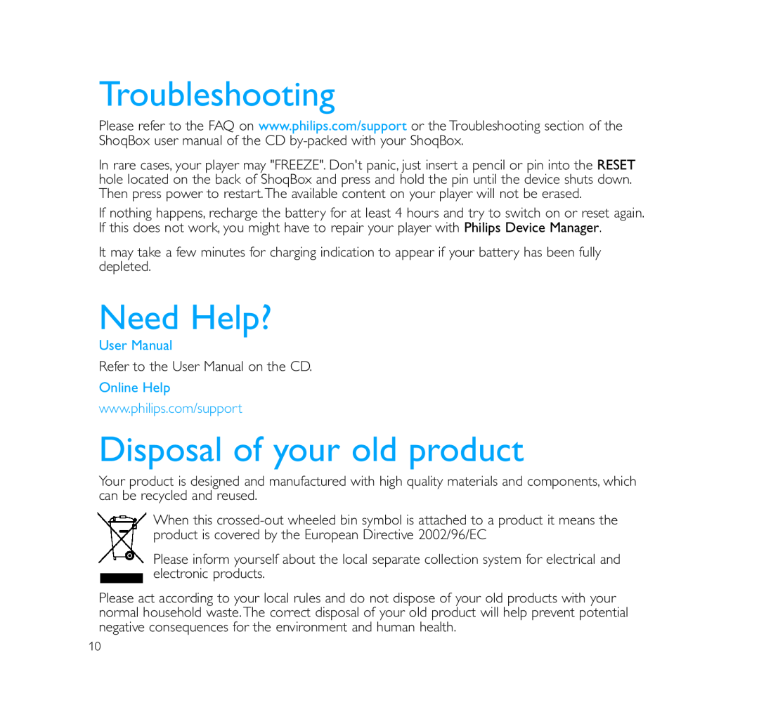 Philips PSS231 quick start Troubleshooting, Need Help?, Disposal of your old product 
