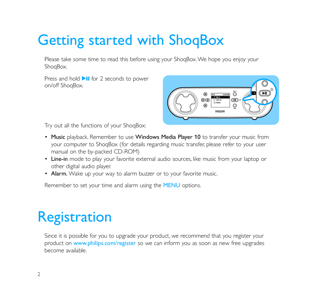 Philips PSS231 quick start Getting started with ShoqBox, Registration 