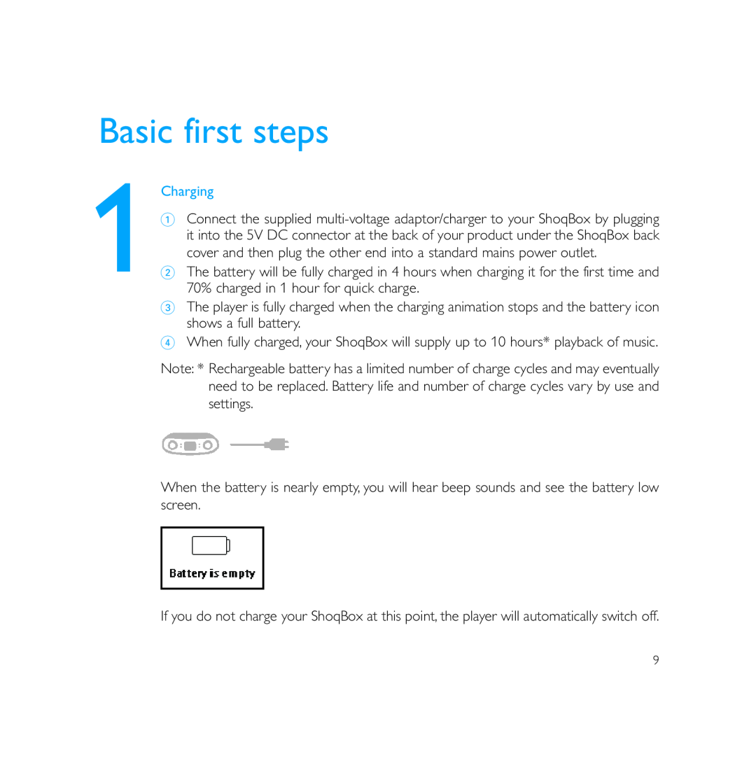 Philips PSS231 user manual Basic first steps, 1Charging 