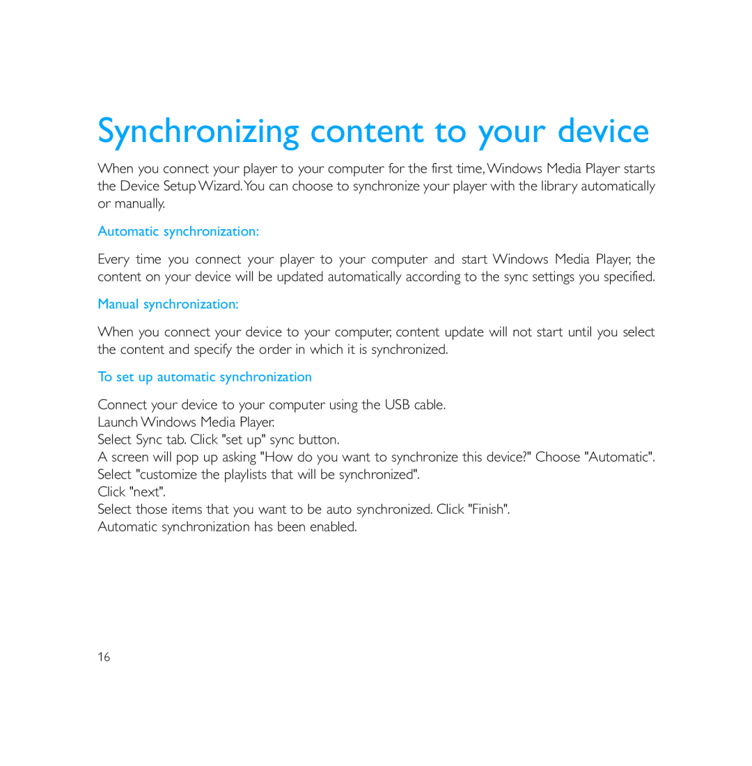 Philips PSS231 user manual Synchronizing content to your device, Automatic synchronization, Manual synchronization 