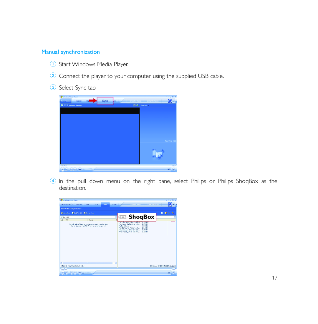 Philips PSS231 user manual Manual synchronization, 1Start Windows Media Player, 3Select Sync tab, ShoqBox 