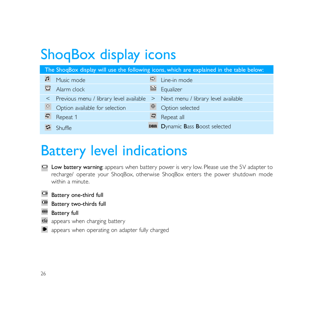Philips PSS231 user manual ShoqBox display icons, Battery level indications 