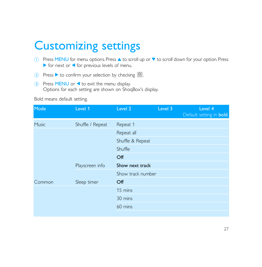 Philips PSS231 user manual Customizing settings, Mode, Level 