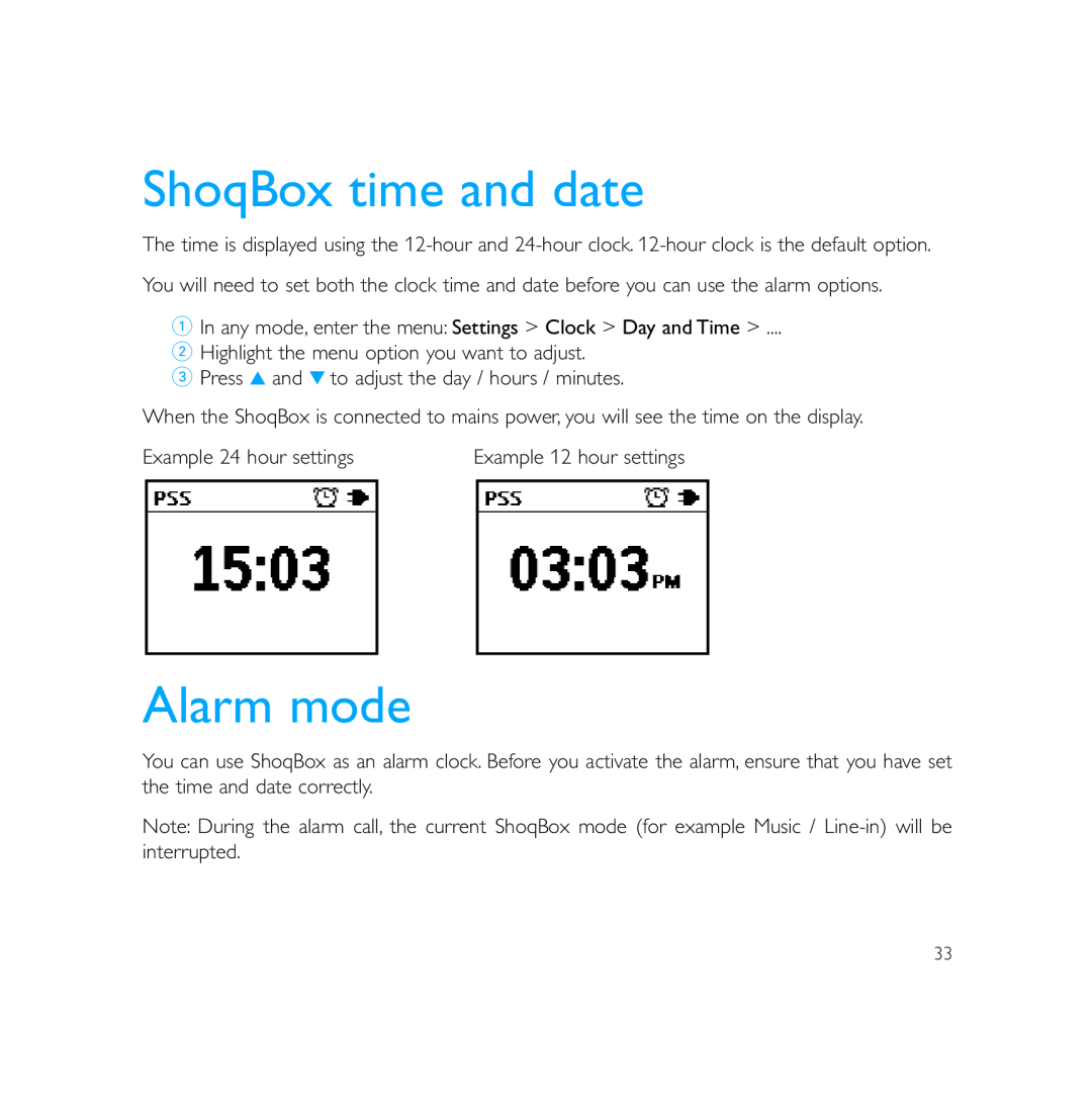 Philips PSS231 user manual ShoqBox time and date, Alarm mode 