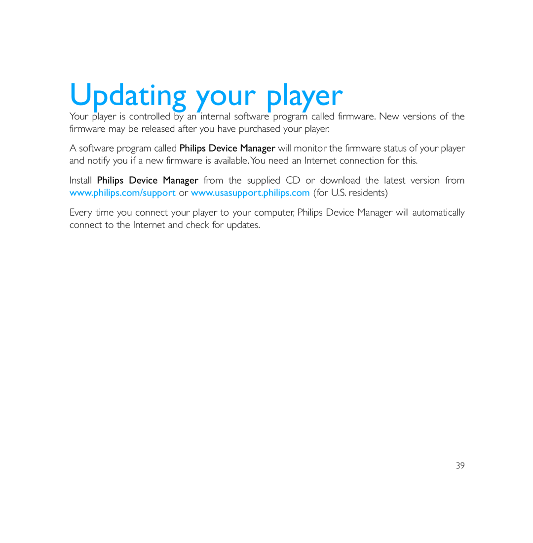 Philips PSS231 user manual Updating your player 