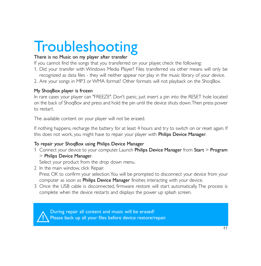 Philips PSS231 user manual Troubleshooting 