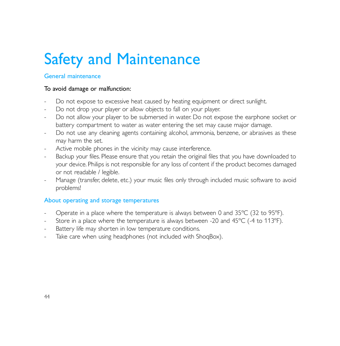 Philips PSS231 user manual Safety and Maintenance, General maintenance, About operating and storage temperatures 