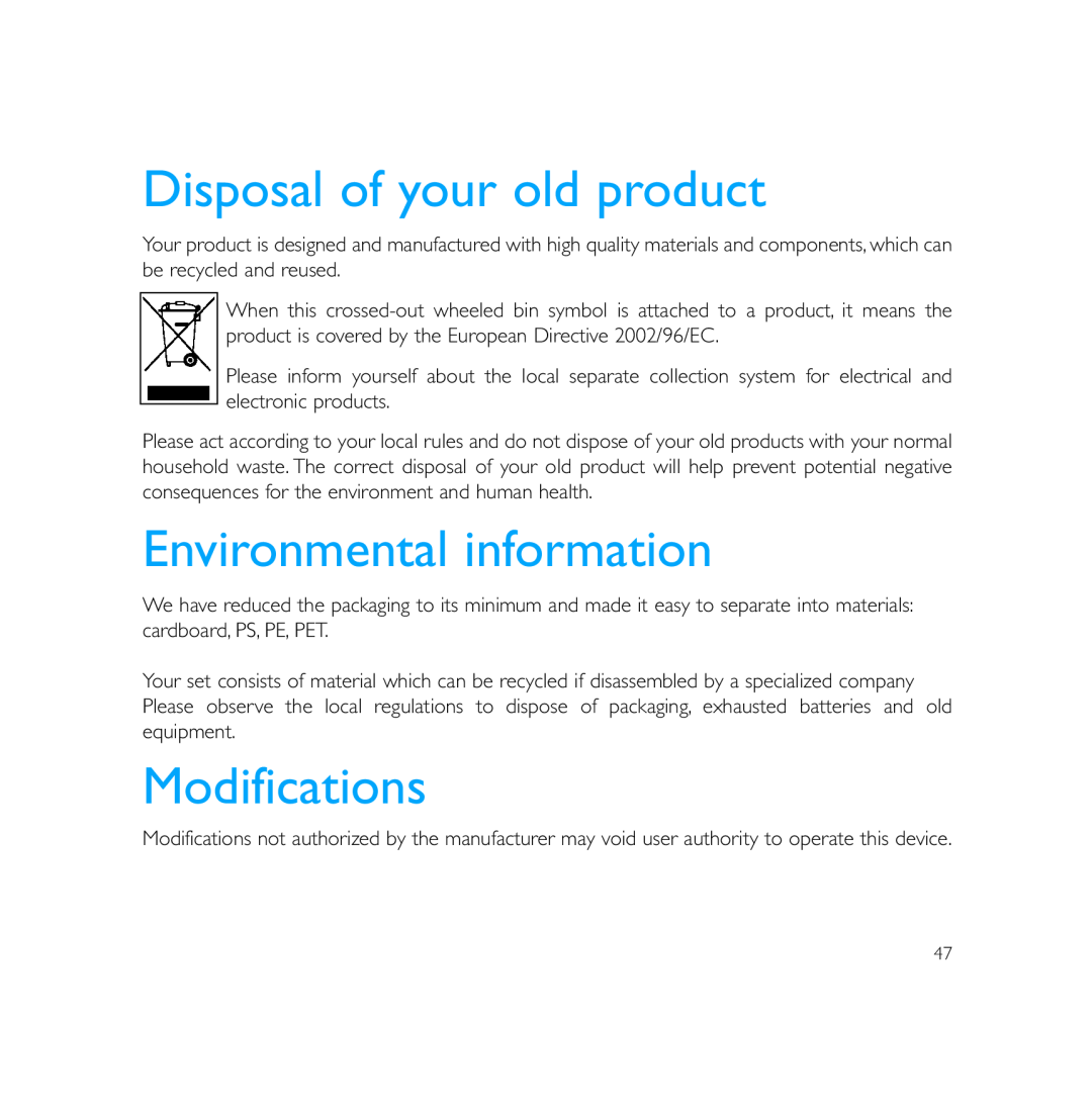 Philips PSS231 user manual Disposal of your old product, Environmental information, Modifications 