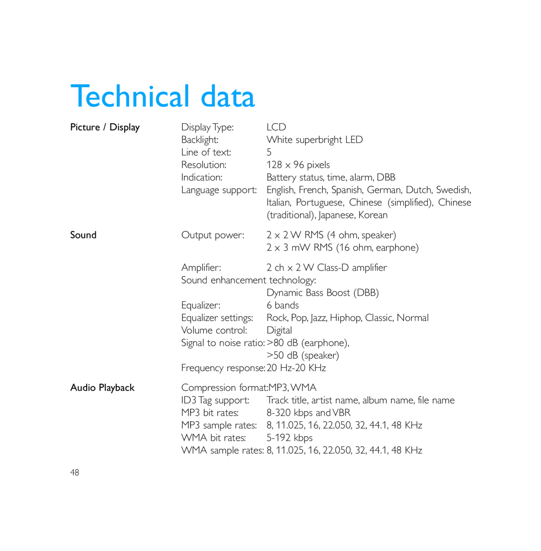 Philips PSS231 user manual Technical data 