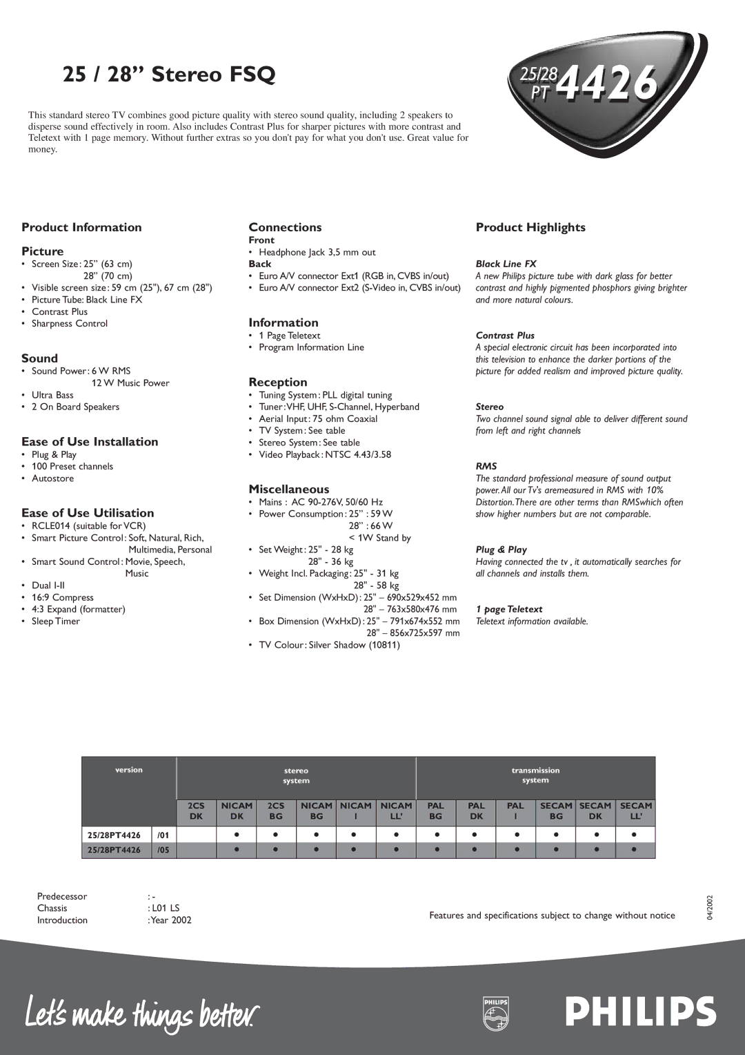 Philips PT 4426 Product Information Connections Product Highlights Picture, Sound, Reception, Ease of Use Installation 