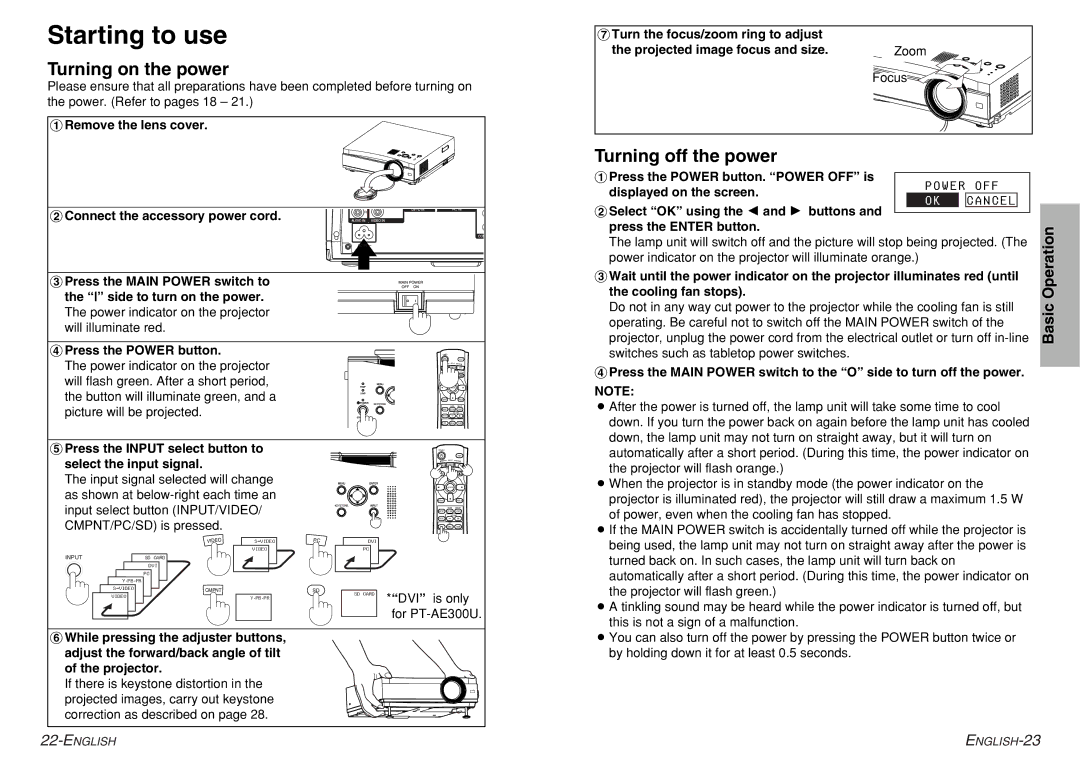 Philips PT-AE300U, PT-AE200U manual Starting to use, Turning on the power, Turning off the power 