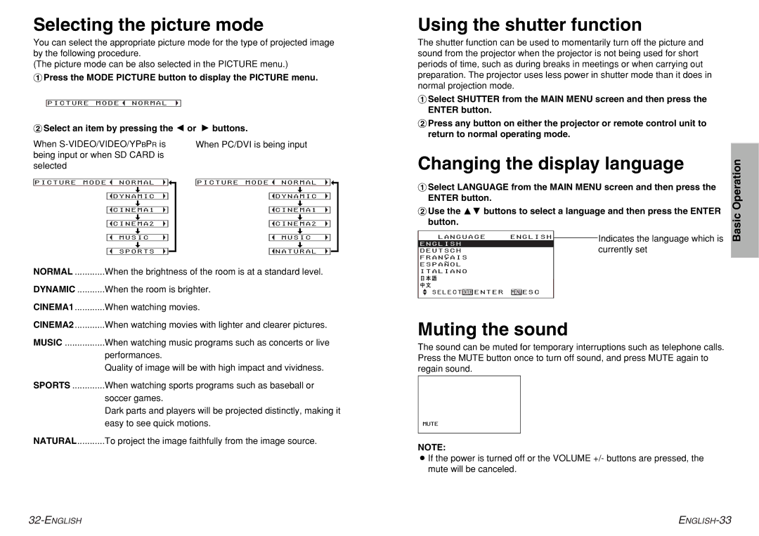 Philips PT-AE300U Selecting the picture mode, Using the shutter function, Changing the display language, Muting the sound 